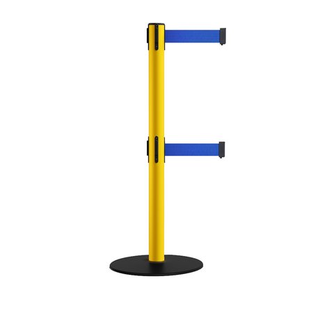 MONTOUR LINE Retractable Dbl Belt 2.5" YW Post , Low Base, 11' Blue Belt MSX630D-YW-BL-110